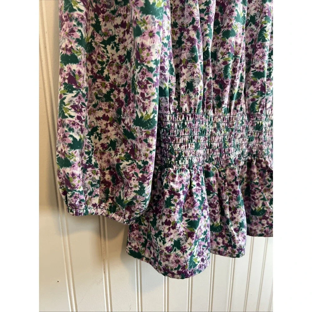 Pleione Blouse XS Peplum Puff 3/4 Sleeve Smocked Floral‎ Purple Green